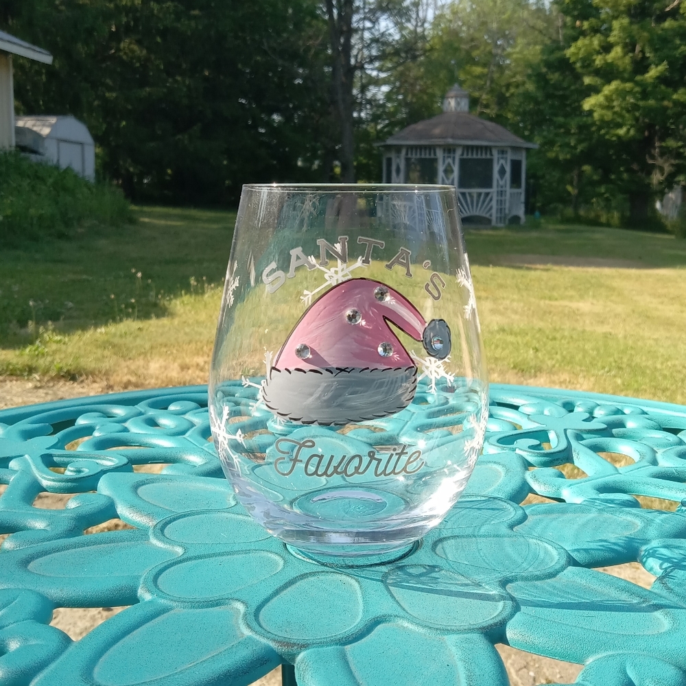Painted & Rhinestone Jeweled 'Santas Favorite' Stemless Wine Glass, New